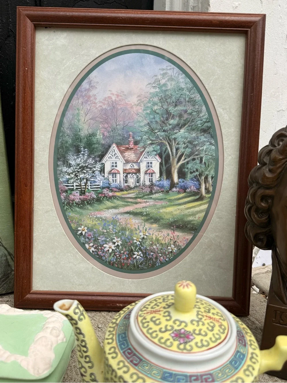 Homco Cottage Garden Oval Framed Art - Green, Brown, Pink, White